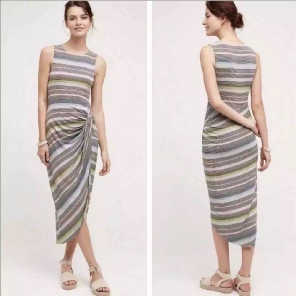 Bailey 44 Anthropologie Gray Blue Striped Sleeveless Side Knot Dress Small EUC